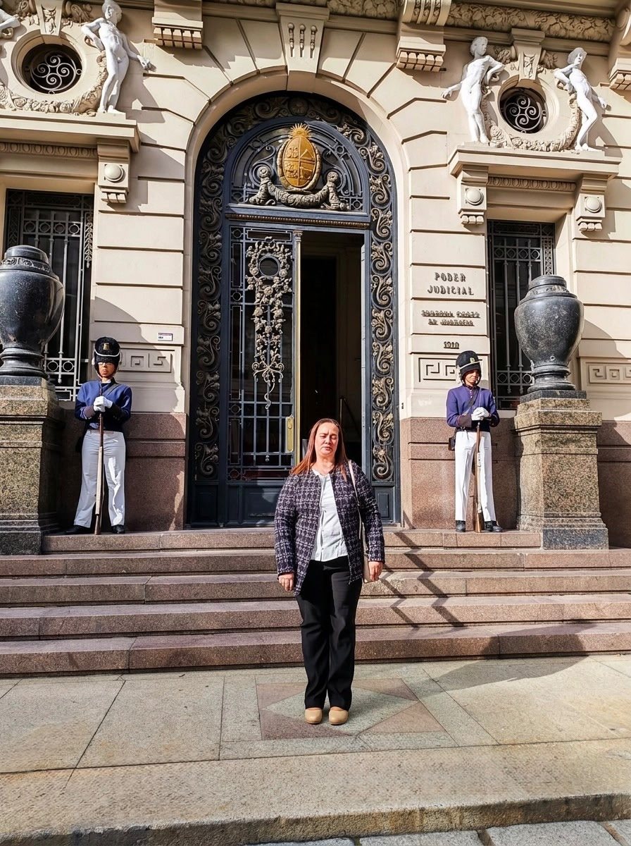 Dra. María Martínez frente a la sede del Poder Judicial en Montevideo, Uruguay