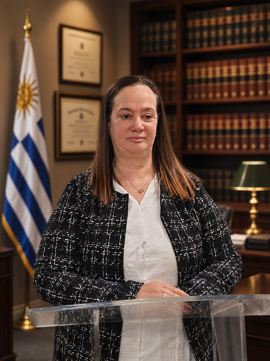 Dra. María Martínez, abogada del Estudio Jurídico MMG & Asociados en Montevideo, en su despacho con la bandera de Uruguay